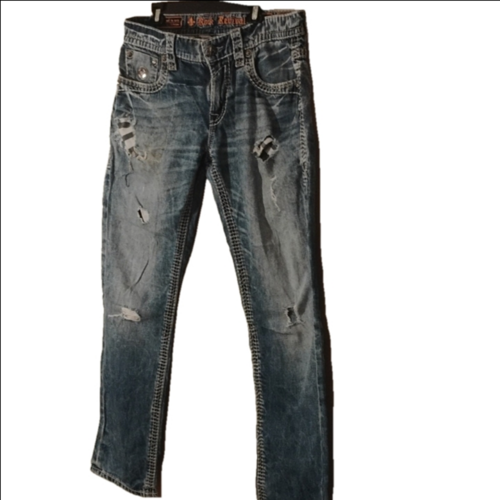 Rock Revival men's size 34 Quity slim straight  jeans . Distressed and decorated